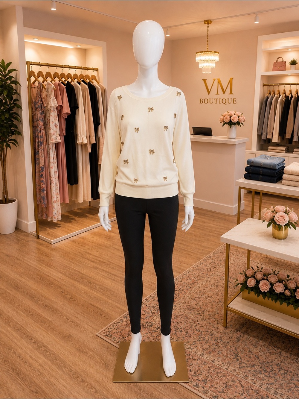 NWOT LOFT Cream Sweater with Metallic Bow Appliqués